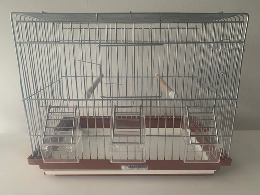 42cm Silver Metal Bird Cage with Brown plastic outer tray and White front pull out plastic tray Size 42cm x 24cm x 34cm