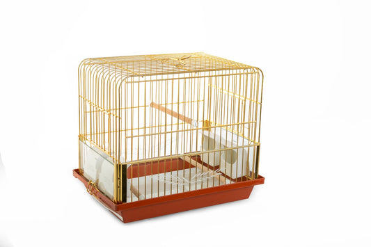 33cm Small Gold Coloured Metal Bird Cage 33 cm's x 23 cm's x 30 cm's with Brown Plastic Tray