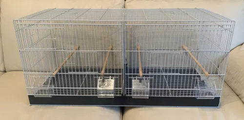 90cm Light Grey Metal Double Breeder Bird Cage with Black Metal Tray includes 4 Feeders & 4 wooden perches Size 110cm x 35cm x 42cm.