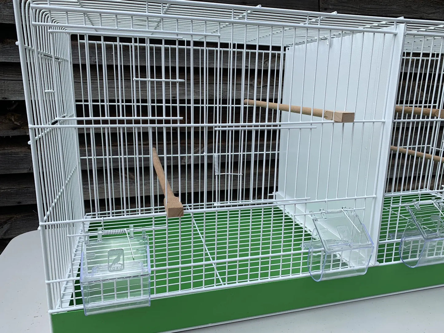 90cm White Metal Double Breeder Bird Cage with Green Metal Tray 4 Feeders & 4 Perches Size 90cm x 35cm x 42cm.