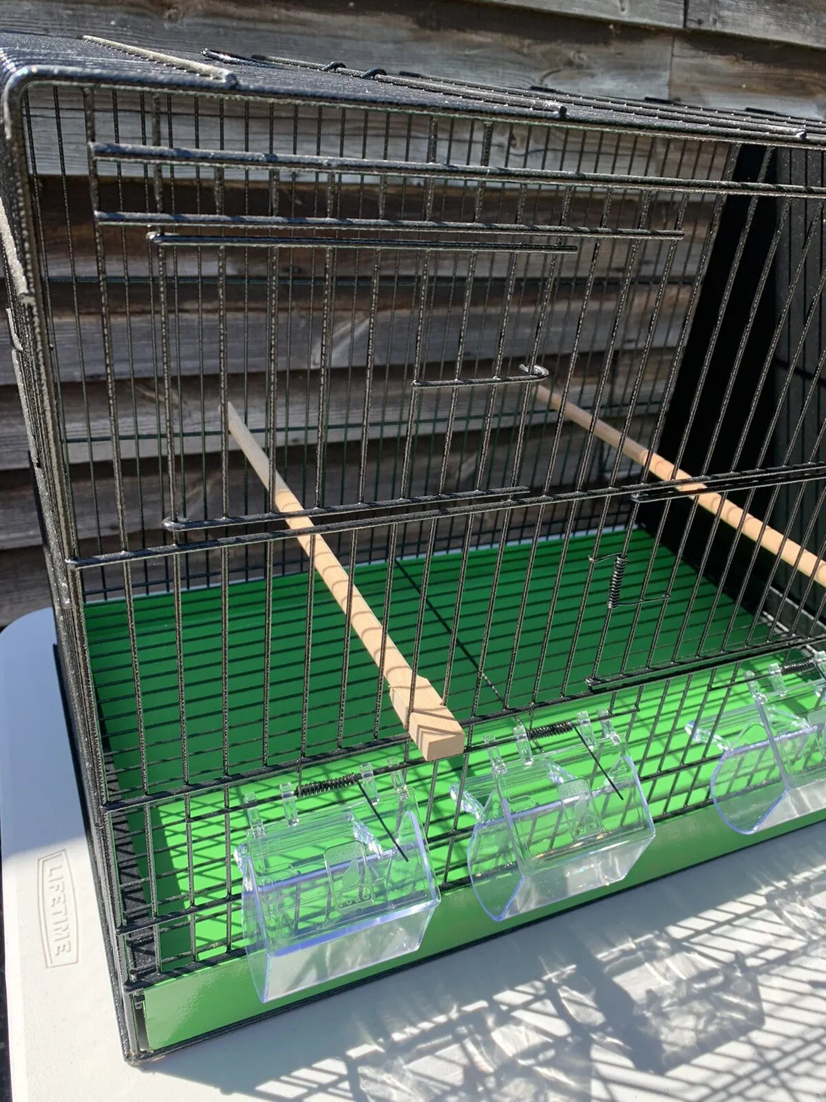 110cm Black Metal Double Breeder Bird Cage with a Green Metal Pullout Bottom Tray 110cm x 35cm x 42cm 8 Feeders & 4 Perches