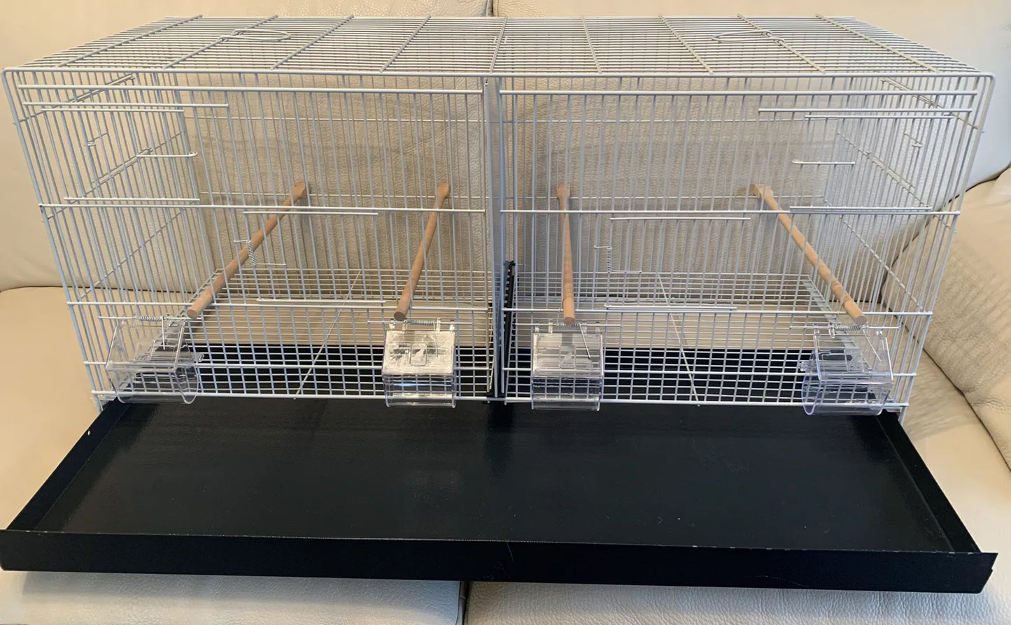 90cm Light Grey Metal Double Breeder Bird Cage with Black Metal Tray includes 4 Feeders & 4 wooden perches Size 110cm x 35cm x 42cm.