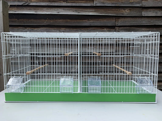 90cm White Metal Double Breeder Bird Cage with Green Metal Tray 4 Feeders & 4 Perches Size 90cm x 35cm x 42cm.