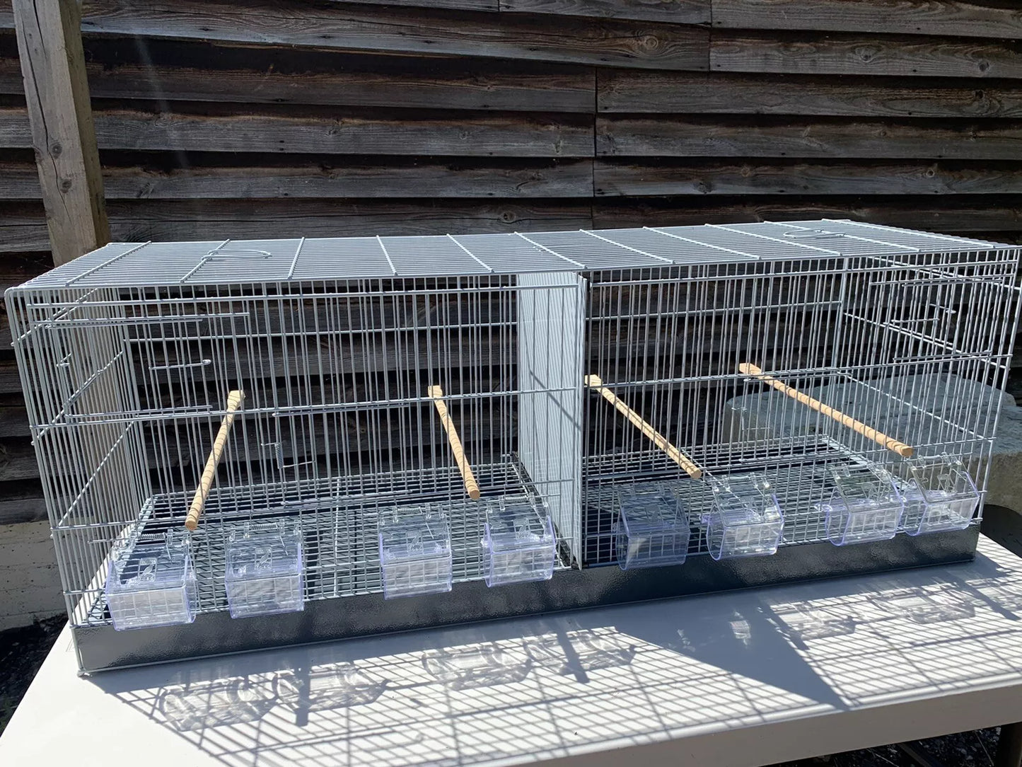 110cm Light Grey Metal Double Breeder Bird with a Black Metal Bottom pullout Tray Cage size 110 x 35 x 42 (cm’s) 8 Feeders & 4 Wooden Perches